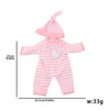 A pink and white striped cotton outfit for a doll, featuring a matching hat.