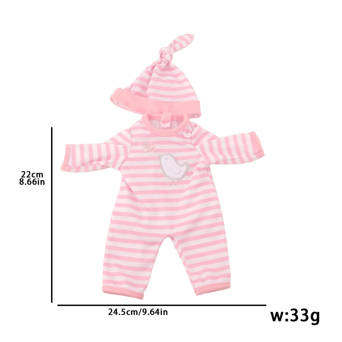 A pink and white striped cotton outfit for a doll, featuring a matching hat.