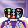 A hand holds a purple rhythm tap game console with various colored buttons and lights, demonstrating the scoring mode.