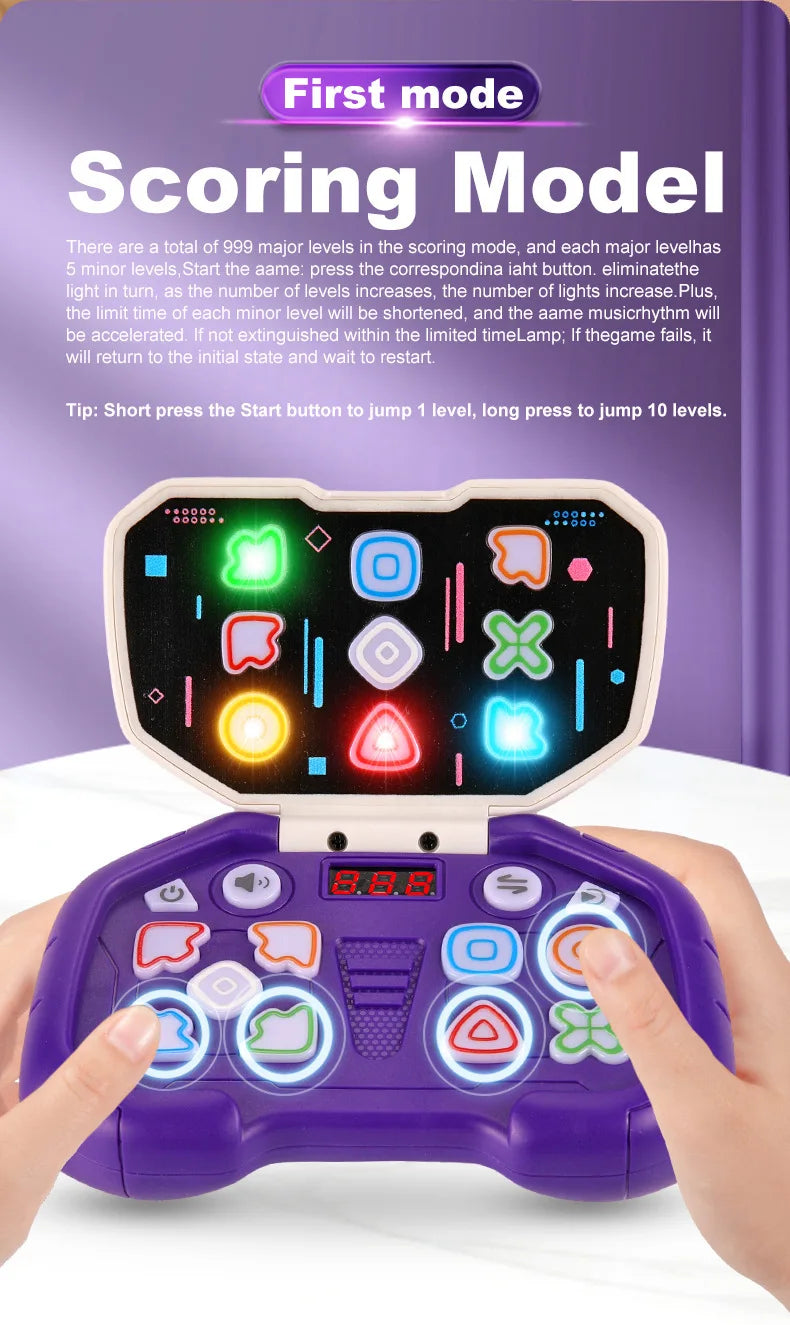 A hand holds a purple rhythm tap game console with various colored buttons and lights, demonstrating the scoring mode.