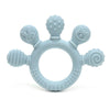 Light blue silicone baby teether with various shapes and beads for soothing gum relief