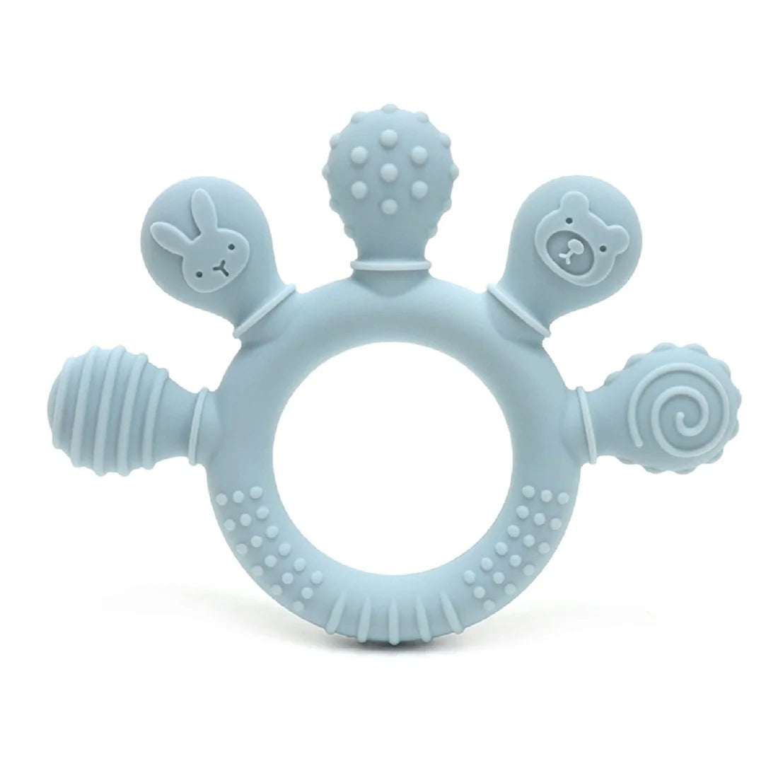 Light blue silicone baby teether with various shapes and beads for soothing gum relief