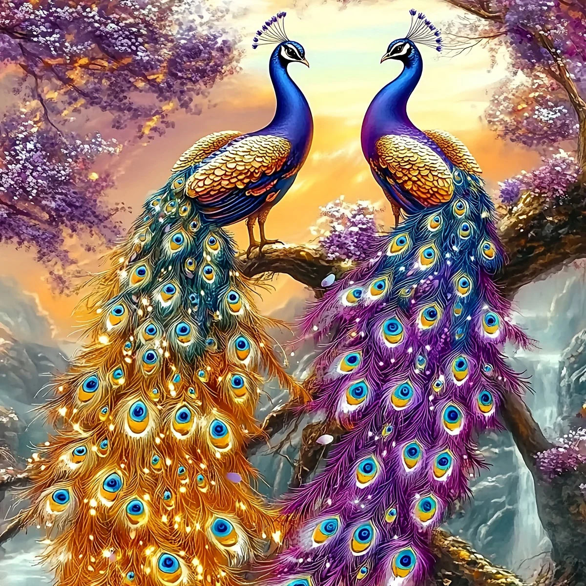 Two vibrant peacocks with iridescent blue and purple feathers standing on a tree branch against a colorful sunset background.