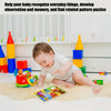 A baby is interacting with a wooden tangram puzzle set featuring animals, vehicles, and sea life on a white surface.