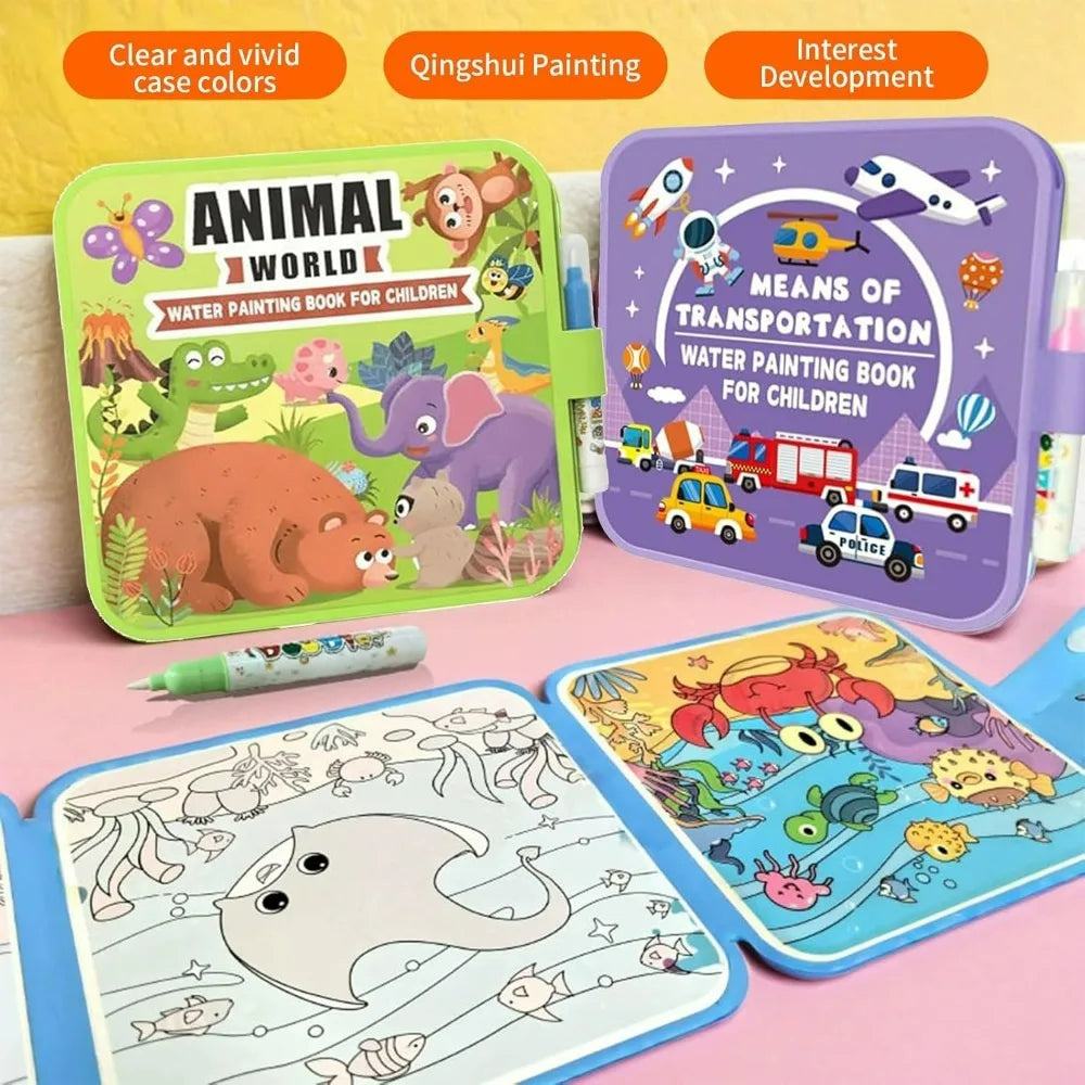 A set of colorful water painting books and drawing kits featuring animals, transportation, and sea life for children.