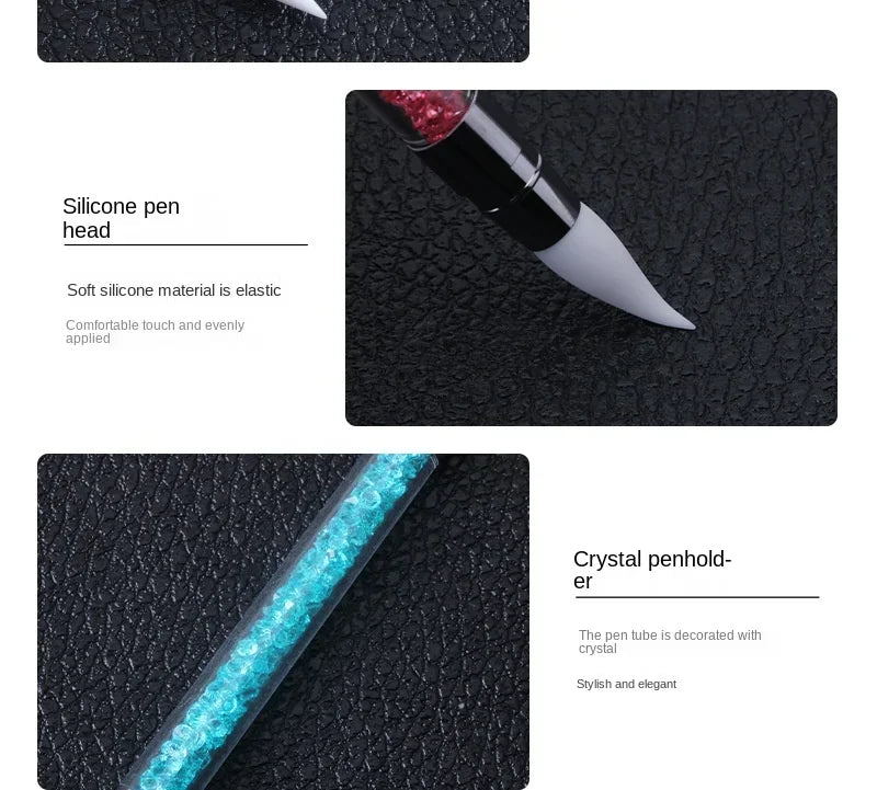 A dual-ended silicone pen featuring a soft silicone head and a crystal-enrolled handle for nail art.