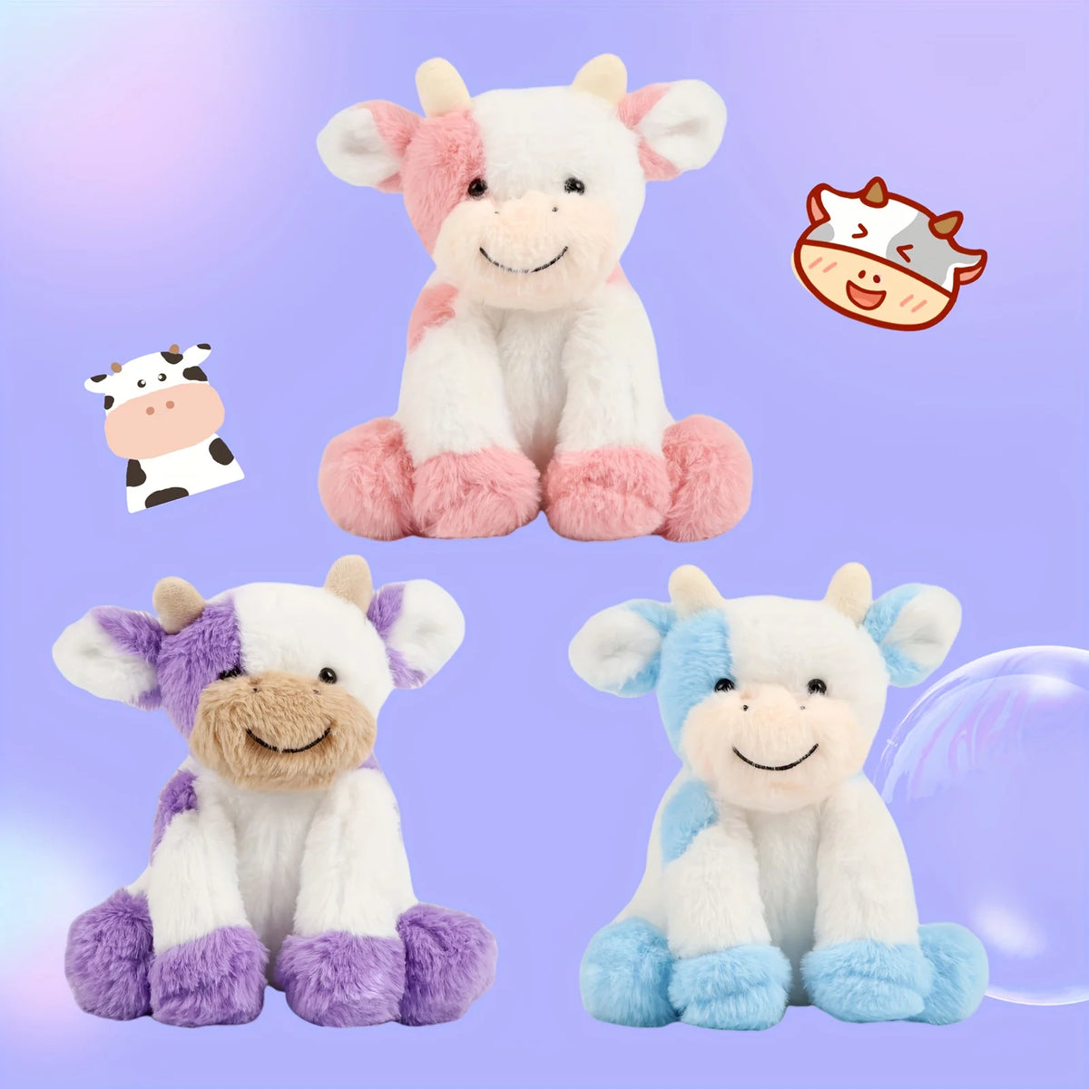 A collection of soft, cuddly cow plush toys in white, pink, purple, and blue colors.