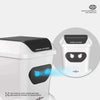 A white mini remote control trash can toy with a black lid and glowing blue lights is shown next to an illustration of the de