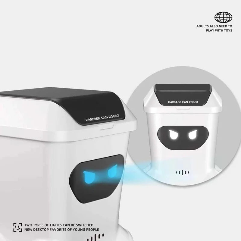 A white mini remote control trash can toy with a black lid and glowing blue lights is shown next to an illustration of the de