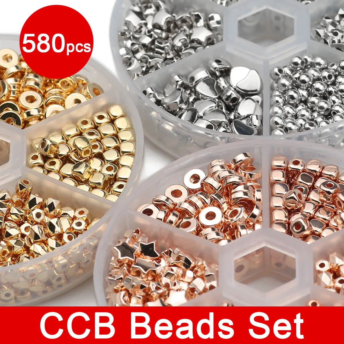 A set of 580 gold and silver plated beads for jewelry making, packaged in clear compartments.