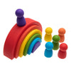 A set of soft silicone rainbow building blocks in various colors like purple, red, yellow, green, and blue.