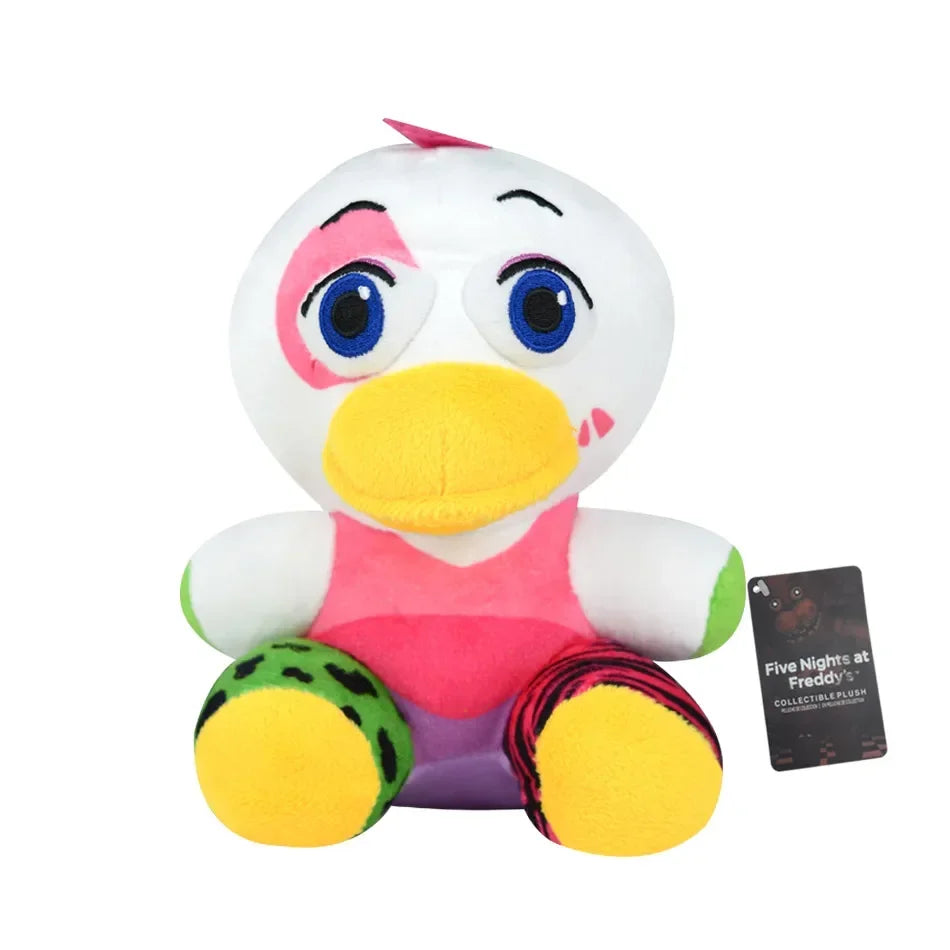 A white plush toy resembling a bird with large blue eyes and pink accents.