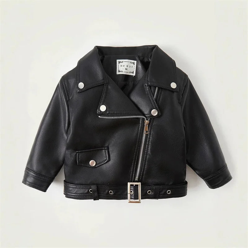 Black kids faux leather zip-up jacket with silver hardware
