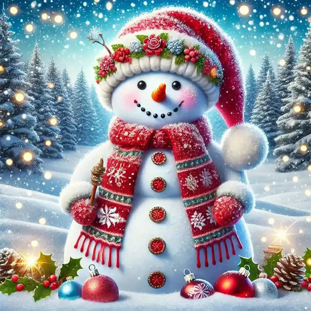 A festive 5D diamond painting kit featuring a snowman and Christmas tree surrounded by snow and holiday decorations.
