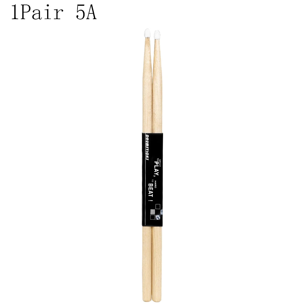 A pair of natural maple wood drumsticks with nylon tips labeled 5A.