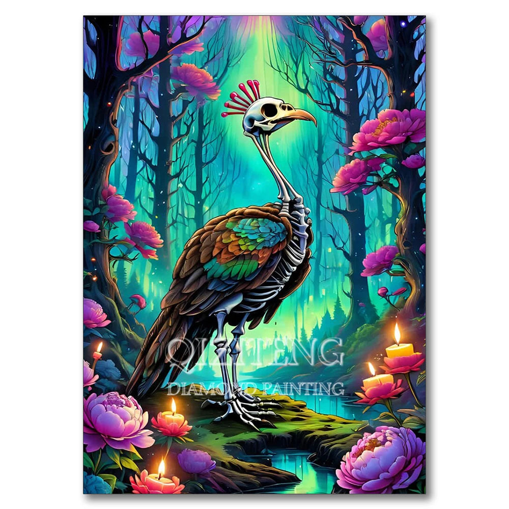 A vibrant diamond painting featuring a detailed owl skeleton in flight amidst lush pink and green foliage.