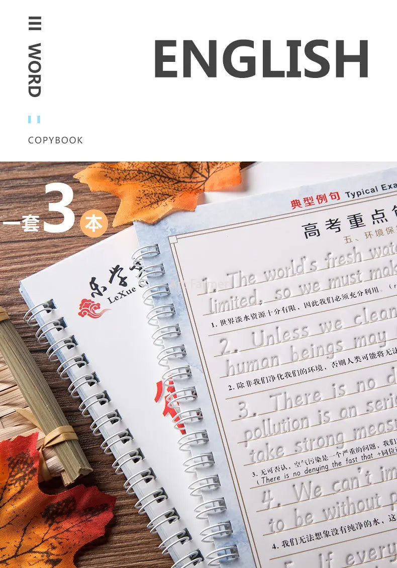 A set of three reusable English italic handwriting practice copybooks with a spiral binding resting on a wooden surface.