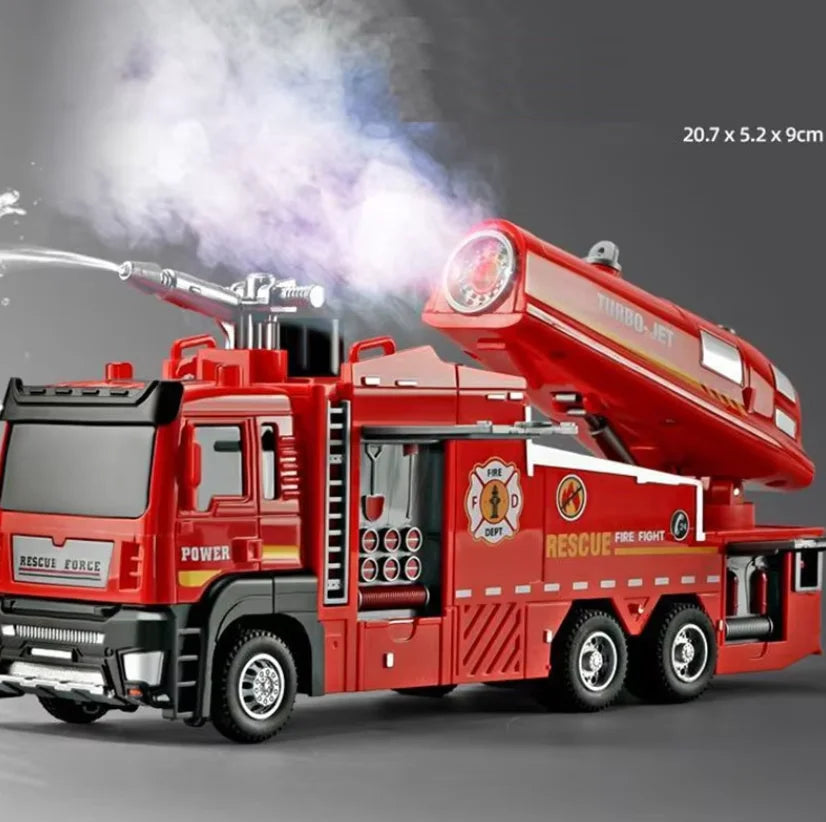 A red fire truck toy with a turbo-jet, rescue equipment, and working ladder on a gray background.