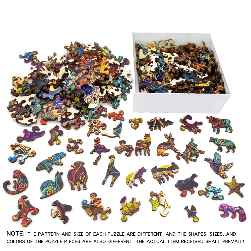 A collection of wooden jigsaw puzzles featuring various dragon and animal shapes in multiple colors and sizes.