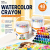 A set of 48 silky crayon colors in twist-up containers displayed on a colorful drawing surface.