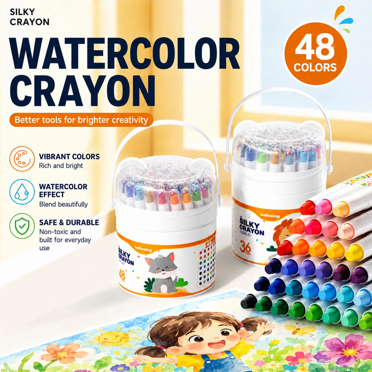 A set of 48 silky crayon colors in twist-up containers displayed on a colorful drawing surface.