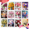 A collection of floral paint by number kits featuring roses, sunflowers, and peonies on canvas art.