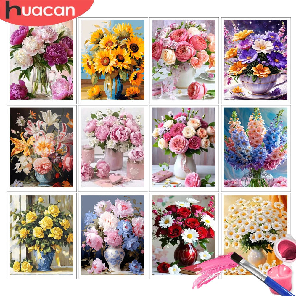A collection of floral paint by number kits featuring roses, sunflowers, and peonies on canvas art.