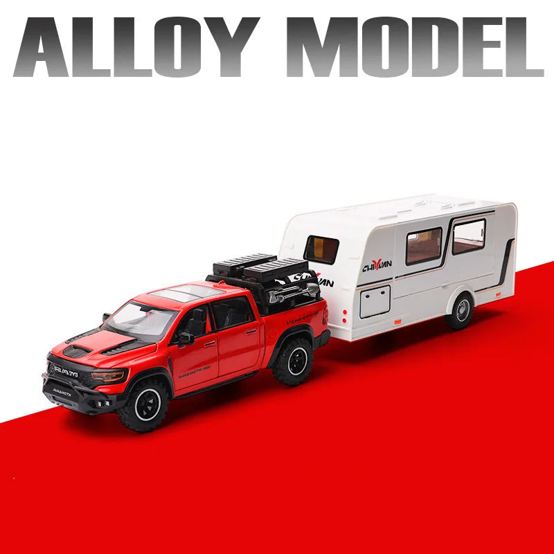 A red truck model is shown next to a white RV camper truck model on a red surface.