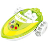 A bright green and yellow bath toy shaped like a boat with white teeth for kids