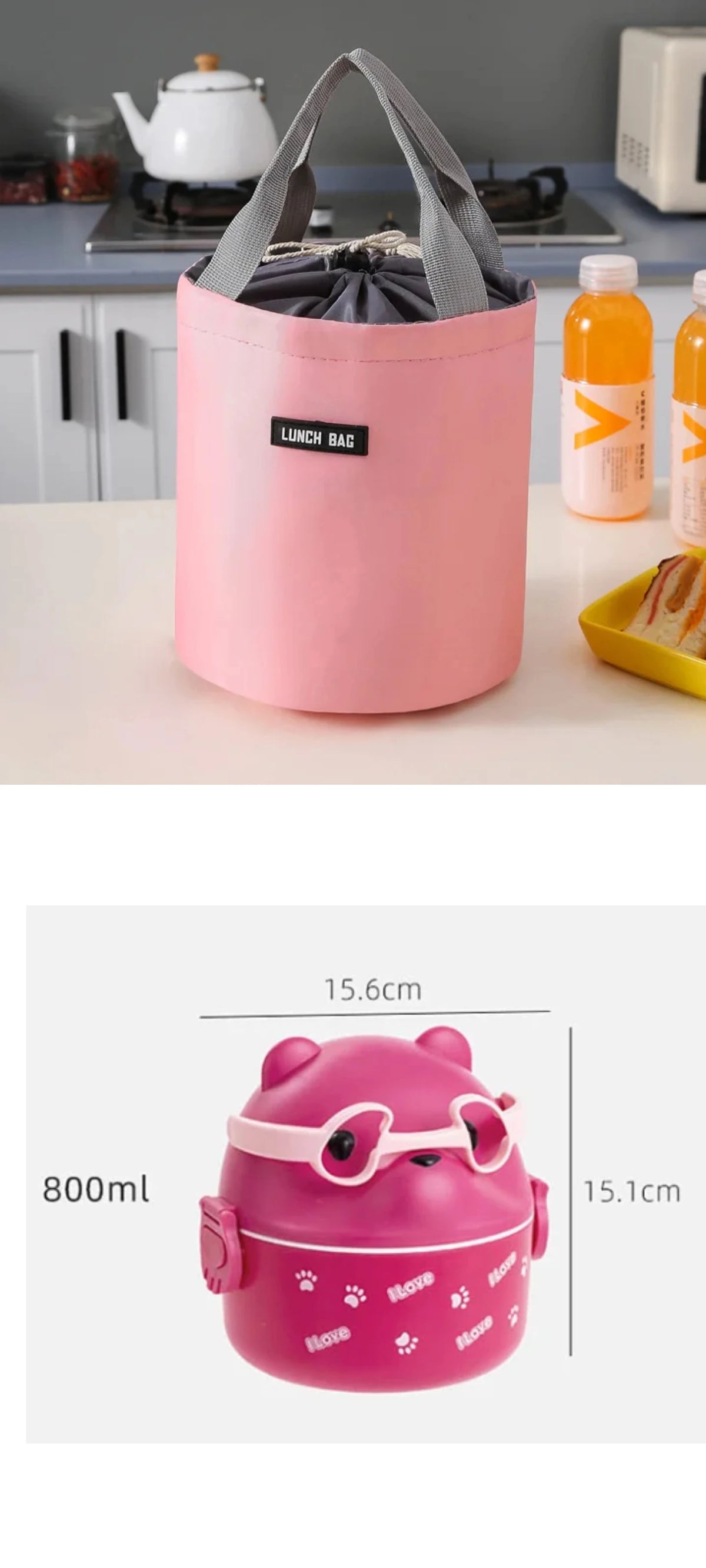 Pink stackable bento lunch bag with a bear face design and pink glass jar visible on a table.