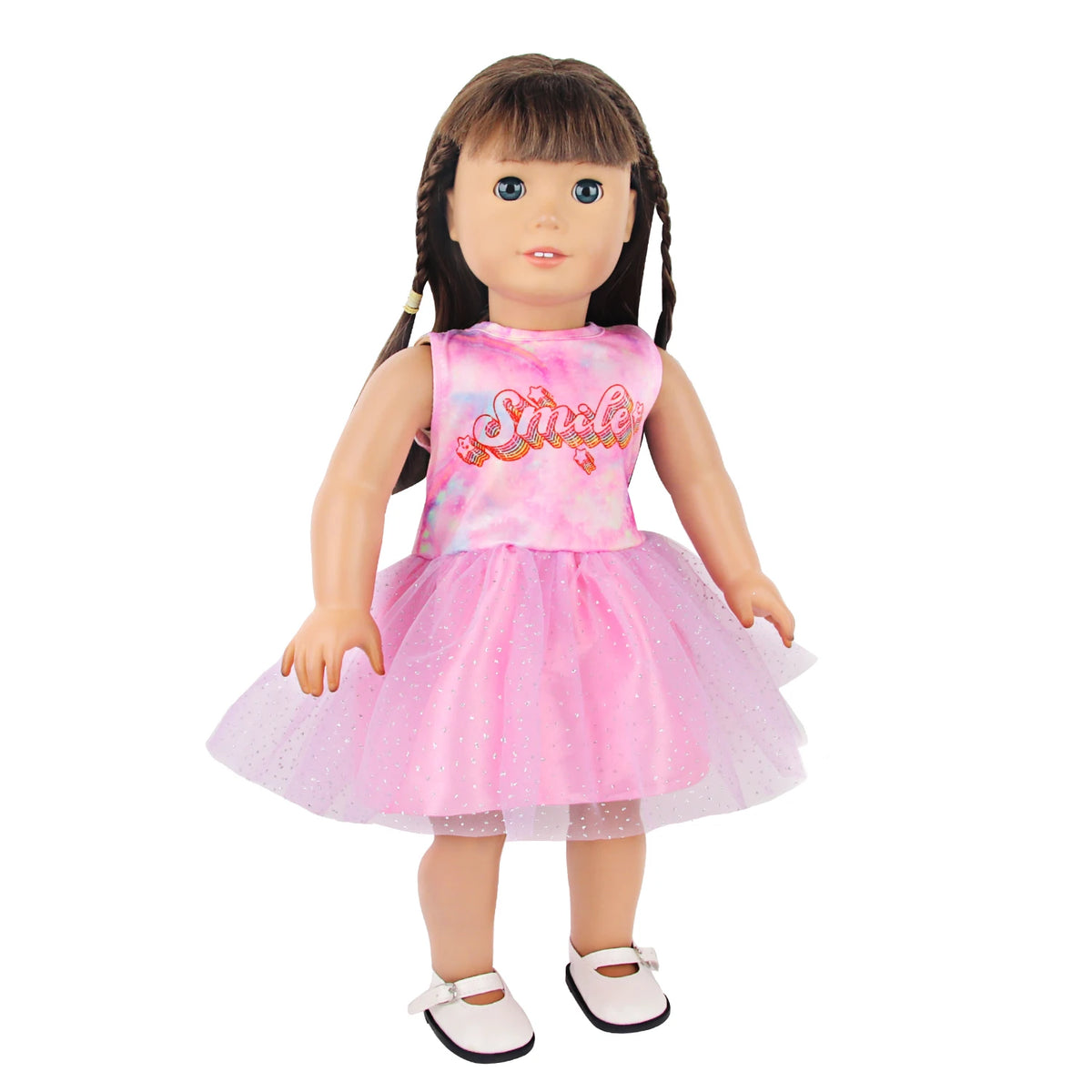 A doll wearing a pink unicorn skirt outfit with glitter and a sparkly top.