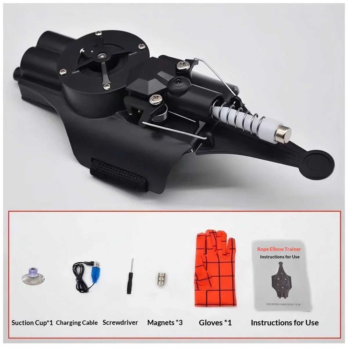 Black electric auto-retractable wrist-mounted web shooter for cosplay with accessories and instructions