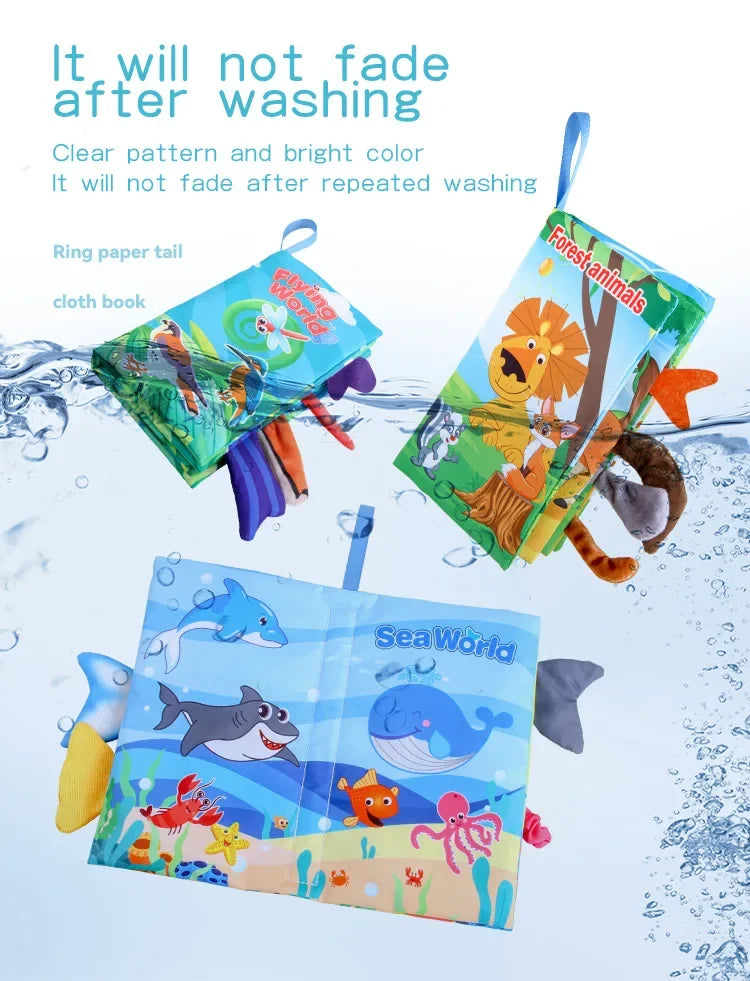 A colorful soft touch baby book featuring sea animals and forest animals with crinkle sounds.
