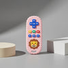 A pink lion-shaped silicone baby teether with a remote control design featuring various buttons.