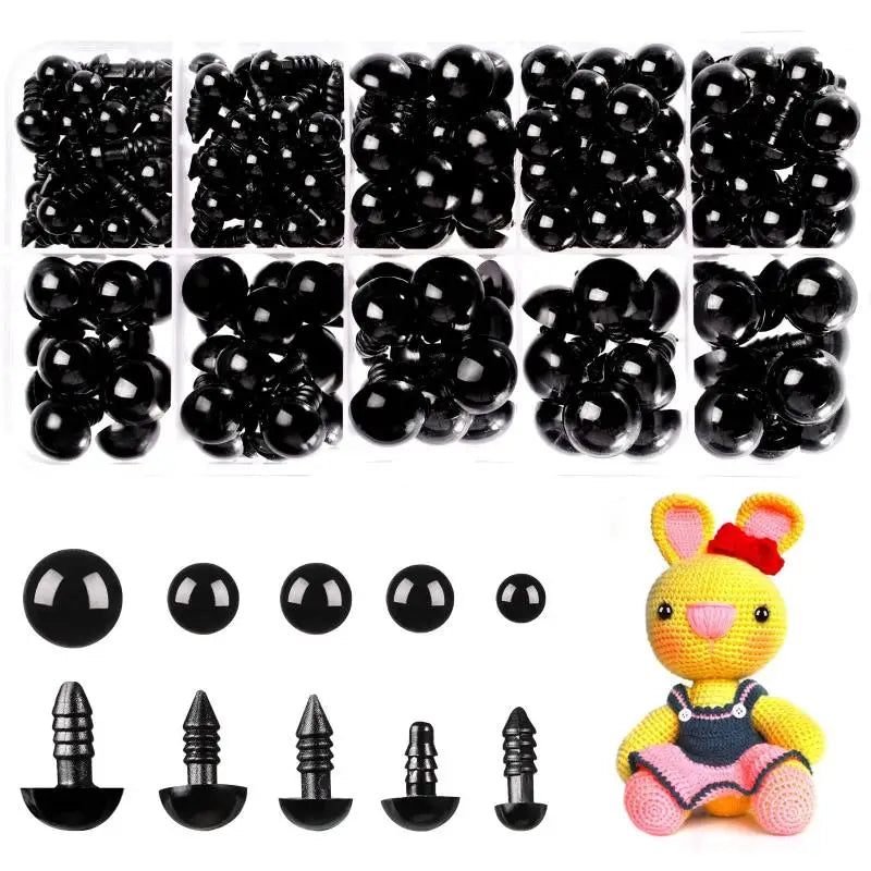 A collection of 200 black safety eyes ranging from 6mm to 12mm in size for use on amigurumi and plush toys.