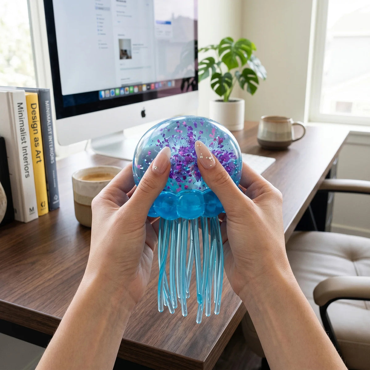 Hands hold a translucent blue jellyfish squish toy with purple accents on a wooden desk.
