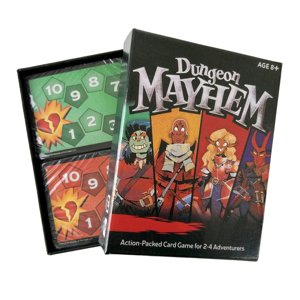 Box of Dungeon Mayhem card game featuring artwork of adventurers and numbered cards.