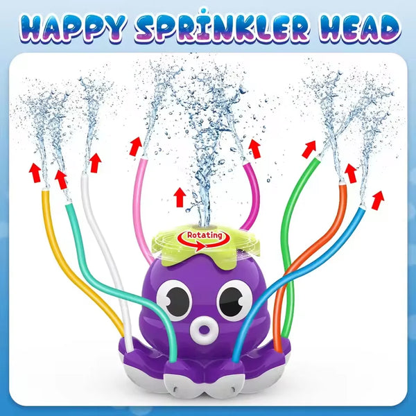 A purple octopus water sprinkler head spraying water in various directions.