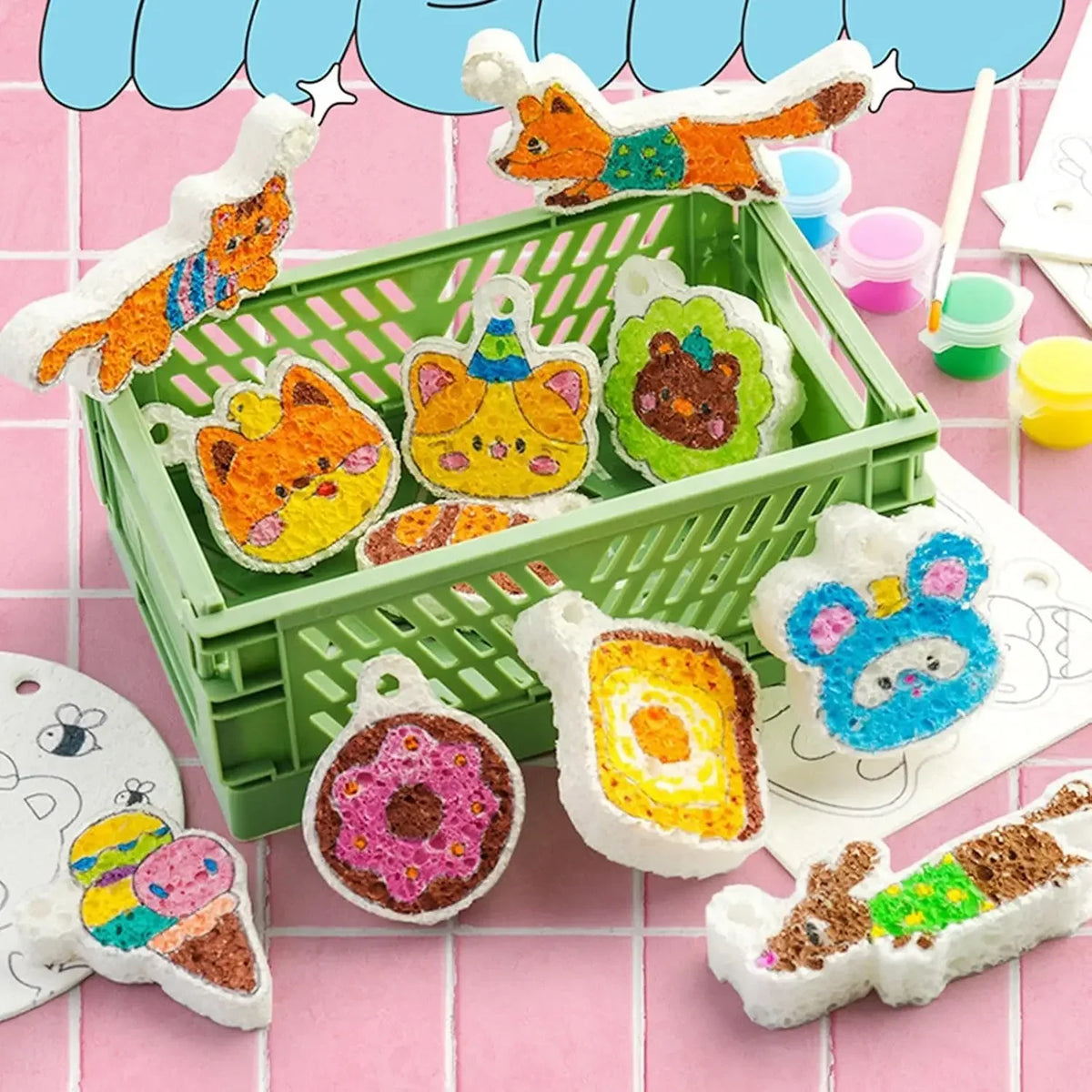 A green basket filled with various orange, yellow, and green 3D foam art paper creations featuring animal shapes like cats an