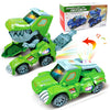 A green dinosaur car toy in various forms, including a vehicle and a dinosaur figure, shown next to its box.