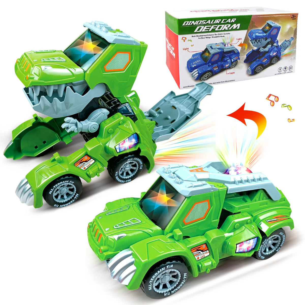 A green dinosaur car toy in various forms, including a vehicle and a dinosaur figure, shown next to its box.