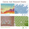 Canvas and diamond display featuring round and square diamond painting kits for scenic landscapes