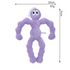A purple plush toy shaped like a stylized, elongated creature with large eyes and limbs.