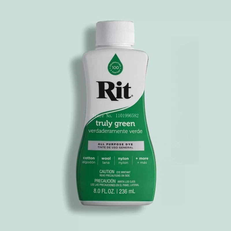 A white bottle of Rit truly green liquid fabric dye with a white cap and green label.