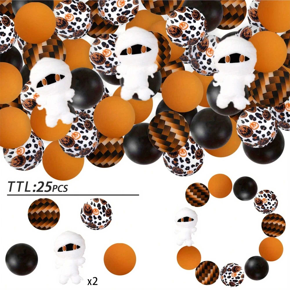 A collection of 25 silicone beads featuring Halloween-themed characters and various colors like black, orange, and white.