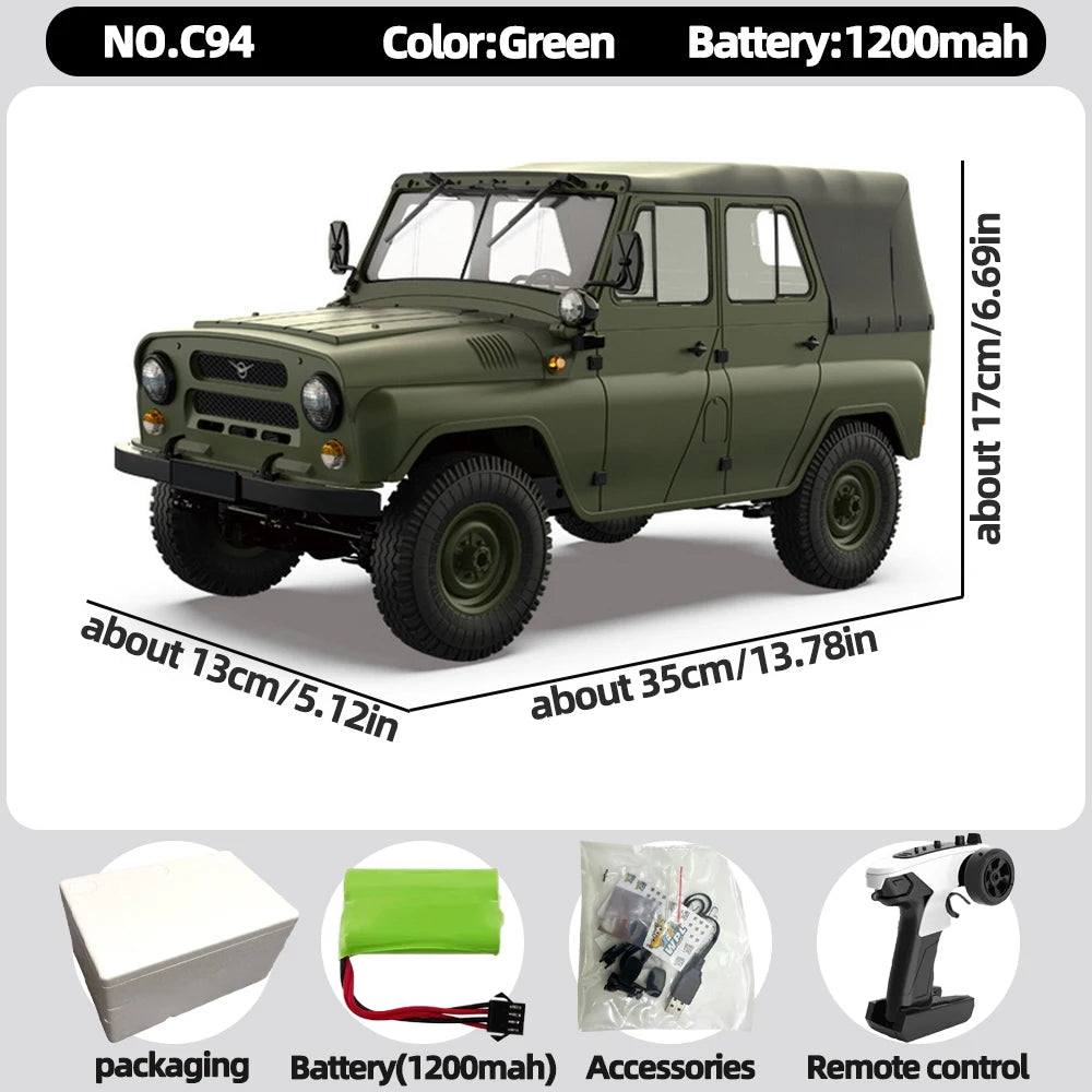A green WPL 1/12 scale 4WD off-road RC rock crawler truck with accessories and battery shown in packaging.