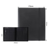 A black durable card collection binder with a cover and clear plastic sleeves shown in multiple dimensions.