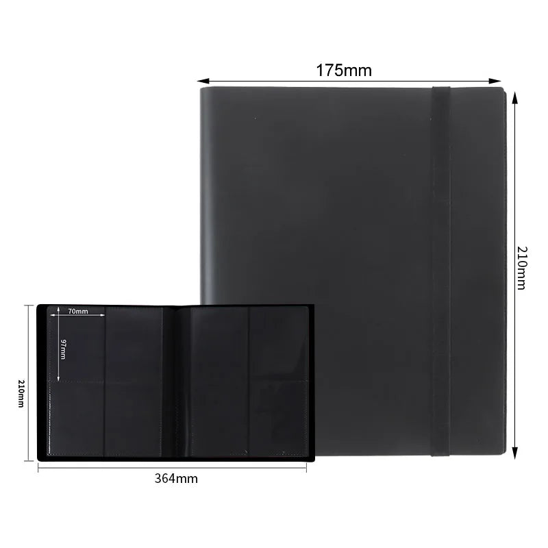 A black durable card collection binder with a cover and clear plastic sleeves shown in multiple dimensions.