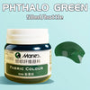 A bottle of Phthalo Green fabric colour paint, 50ml per bottle, with a green paint swatch nearby.