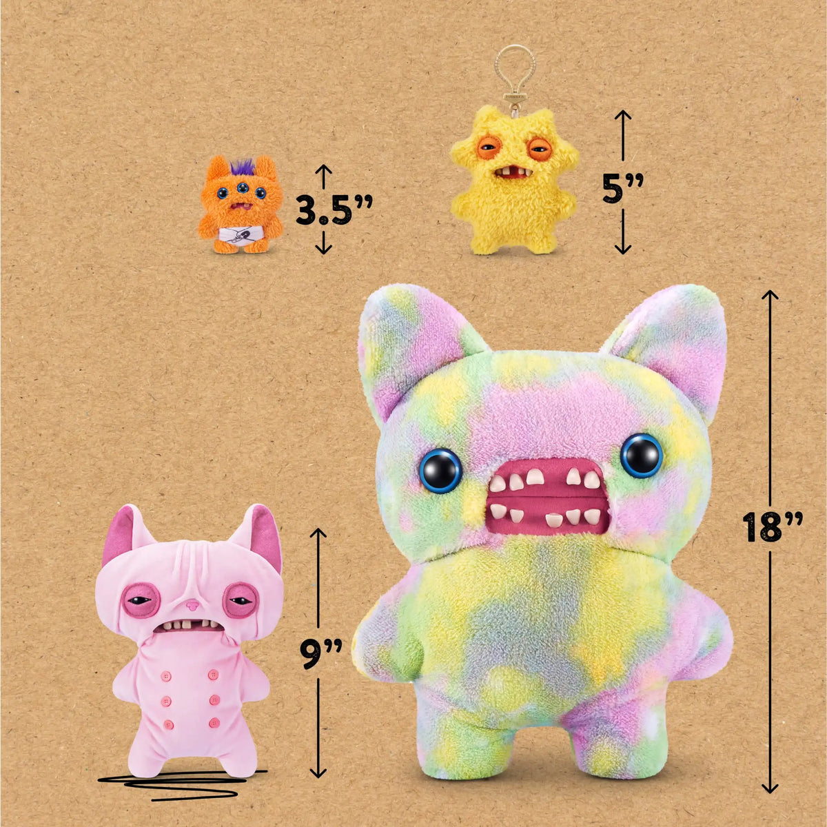 A yellow and purple plush toy resembling a cat, next to smaller versions of the same character.